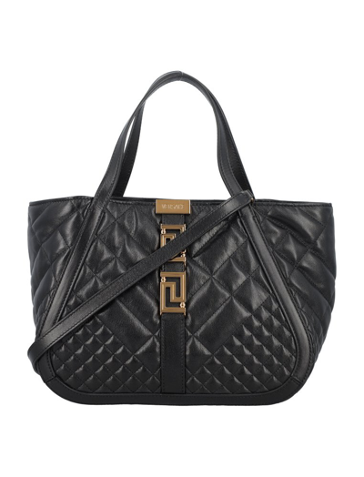 Shop Versace Greca Goddess Quilted Top Handle Bag In Black