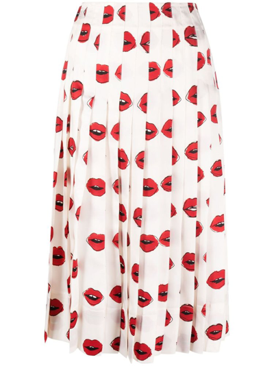 Shop Khaite Graphic Lips Printed Pleated Midi Skirt In Multi