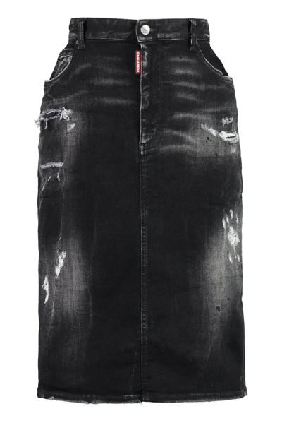 Shop Dsquared2 Distressed Denim Skirt In Black