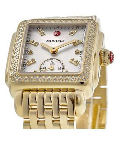 Pre-owned Michele Deco Mid Mop Diamond Bezel Gold Tone Women's Watch Mww06v000124