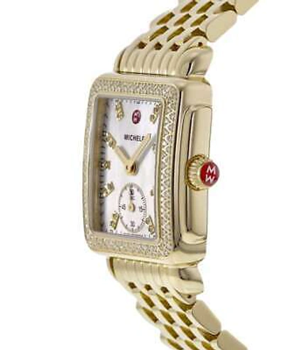 Pre-owned Michele Deco Mid Mop Diamond Bezel Gold Tone Women's Watch Mww06v000124