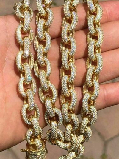 Pre-owned Silver Mens Thick Heavy Rolo Chain 14k Gold Plated Solid 925 Sterling  Hip Hop Cz