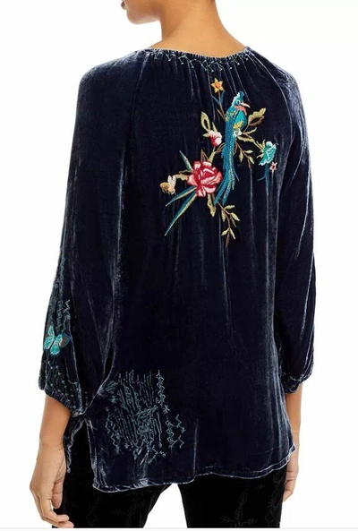 Pre-owned Johnny Was Gen Velvet Embroidered Peasant Blouse Top Jasper Blue Size S