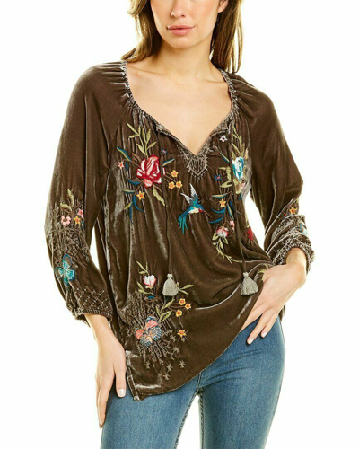 Pre-owned Johnny Was Gen Velvet Embroidered Peasant Blouse Top Jasper Blue Size S