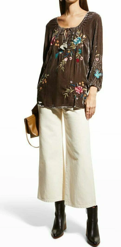Pre-owned Johnny Was Gen Velvet Embroidered Peasant Blouse Top Jasper Blue Size S