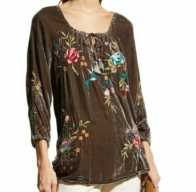 Pre-owned Johnny Was Gen Velvet Embroidered Peasant Blouse Top Jasper Blue Size S