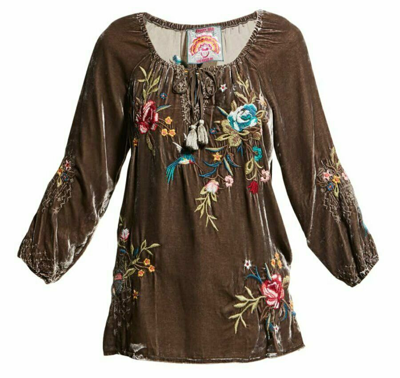 Pre-owned Johnny Was Gen Velvet Embroidered Peasant Blouse Top Jasper Blue Size S