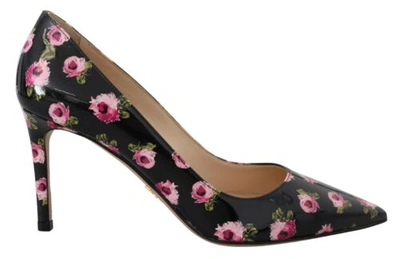 Pre-owned Prada Women Black Pumps 100% Leather Floral Print Pointed Toe High Heels Shoes