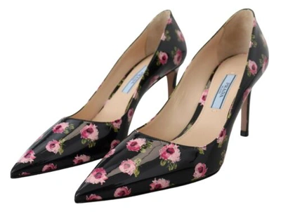 Pre-owned Prada Women Black Pumps 100% Leather Floral Print Pointed Toe High Heels Shoes