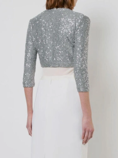 Pre-owned Oscar De La Renta $1690  Women Silver Silk Sequin Open-front Bolero Sweater Sz Xl