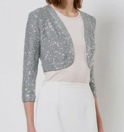 Pre-owned Oscar De La Renta $1690  Women Silver Silk Sequin Open-front Bolero Sweater Sz Xl