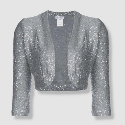 Pre-owned Oscar De La Renta $1690  Women Silver Silk Sequin Open-front Bolero Sweater Sz Xl