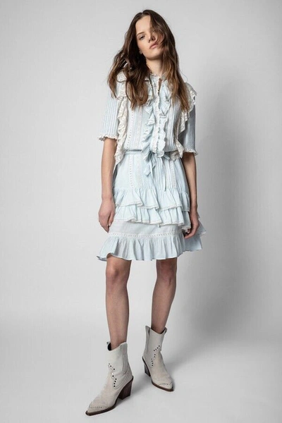 Pre-owned Zadig & Voltaire $548  Ranky Raffle Lace Trim Dress Glacier Size S, M In Blue