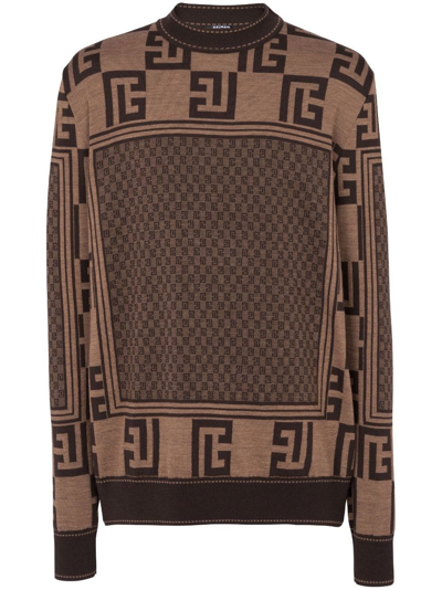 Shop Balmain Brown Jacquard Logo Jumper