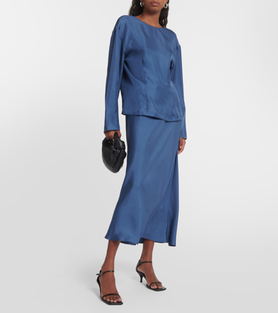 Shop Asceno Silk Twill Midi Skirt In Blue