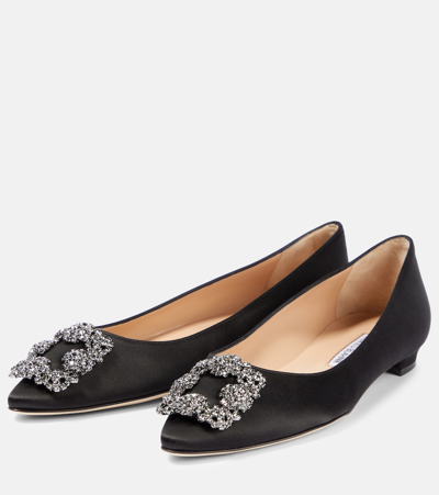 Shop Manolo Blahnik Hangisiflat Embellished Satin Ballet Flats In Black