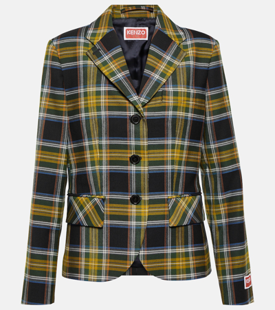 Shop Kenzo Checked Wool-blend Blazer In Green