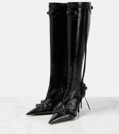 Shop Balenciaga Cagole Leather Knee-high Boots In Black