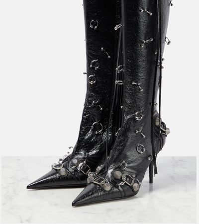 Shop Balenciaga Cagole Embellished Leather Knee-high Boots In Black