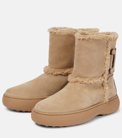 Shop Tod's Suede And Shearling Ankle Boots In Beige