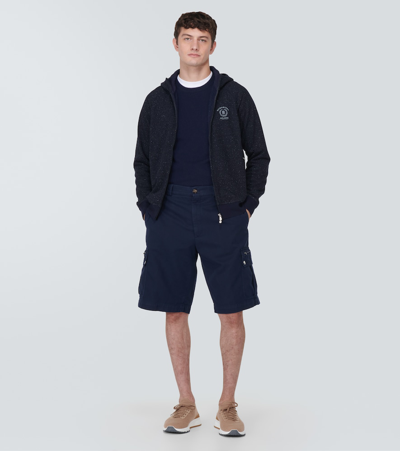 Shop Brunello Cucinelli Cotton, Silk, And Cashmere Hooded Jacket In Blue