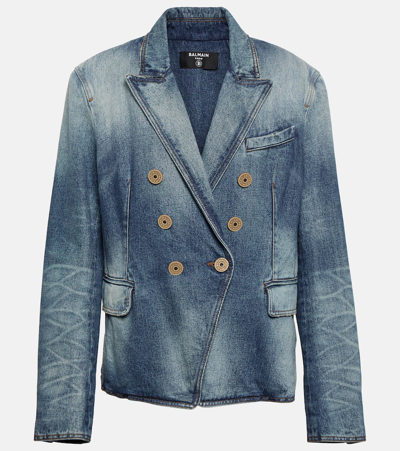 Shop Balmain Double-breasted Denim Jacket In Blue