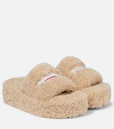 Shop Balenciaga Logo Faux Shearling Slides In Beige