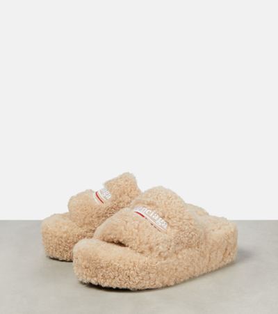 Shop Balenciaga Logo Faux Shearling Slides In Beige