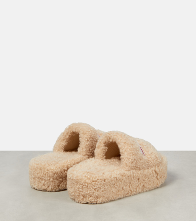 Shop Balenciaga Logo Faux Shearling Slides In Beige