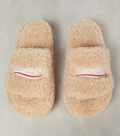 Shop Balenciaga Logo Faux Shearling Slides In Beige