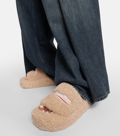 Balenciaga Faux Shearling Platform Slide Sandals In Beige