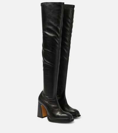 Shop Souliers Martinez Velvet 100 Faux Leather Over-the-knee Boots In Black