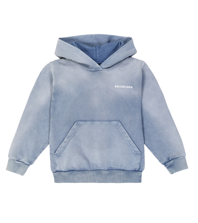 Shop Balenciaga Logo Cotton Jersey Hoodie In Blue