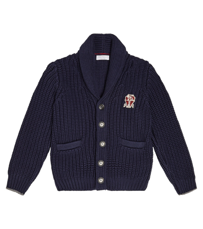Shop Brunello Cucinelli Logo-patch Knitted Cotton Cardigan In Blue
