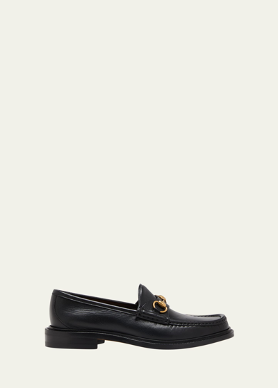 Shop Gucci Men's Wislet Leather Bit Loafers In Black