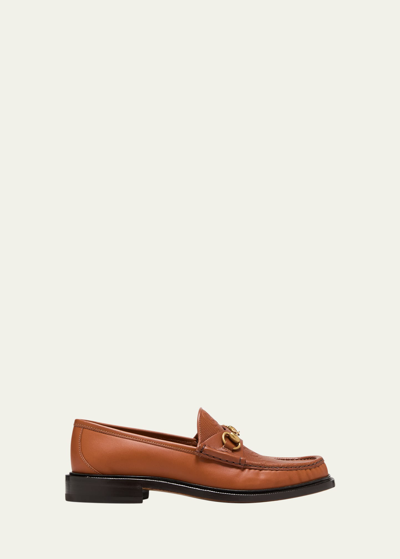 Shop Gucci Men's Wislet Leather Horsebit Loafers In Tan