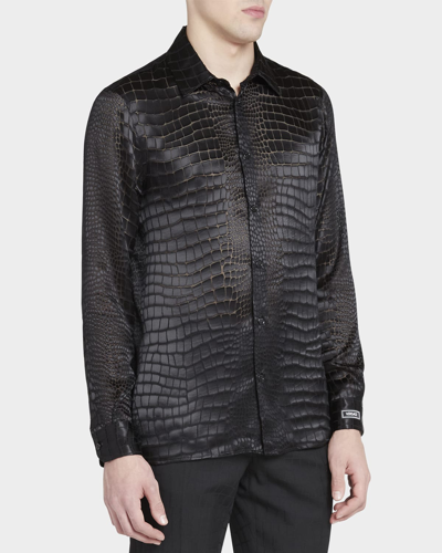 Shop Versace Men's Alligator Devore Sport Shirt In Black