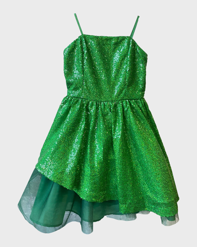 Shop Un Deux Trois Girl's Sequined Peek-a-boo Tulle Dress In Emerald Green