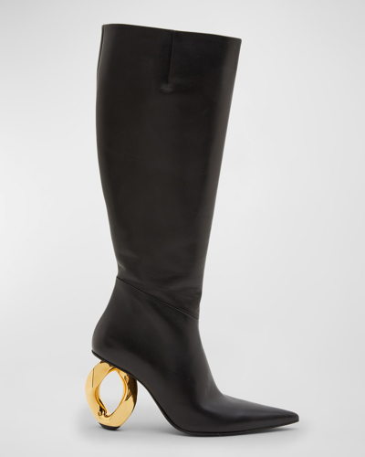Shop Jw Anderson Leather Chain-heel Knee Boots In Black