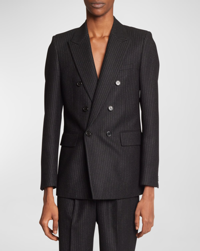 Shop Saint Laurent Men's Double-breasted Pinstripe Flannel Sport Jacket In Black-blac
