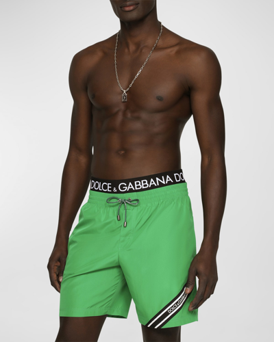 Shop Dolce & Gabbana Men's Long Swim Shorts With Dg Logo Waistband In Brght Gree