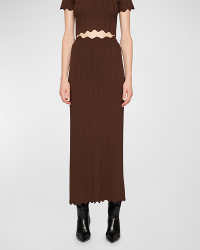 Shop Clea Tilda Scallop-trim Knit Midi Skirt In Chocolate