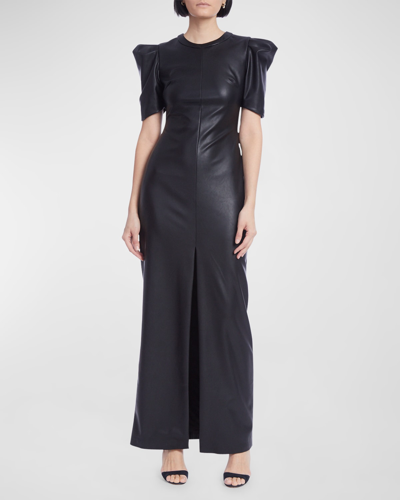 Shop One33 Social Puff-sleeve Faux Leather Column Gown In Black