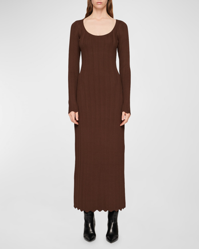 Shop Clea Palmer Scallop-trim Knit Maxi Dress In Chocolate