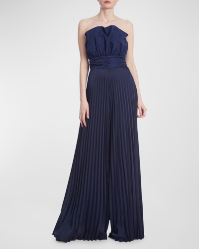 Shop One33 Social Pleated Strapless Wide-leg Jumpsuit In Navy