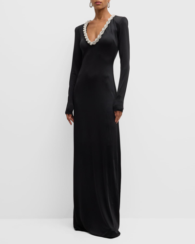 Shop Stella Mccartney Crystal Braided Scoop-neck Long-sleeve Gown In 1000 Black