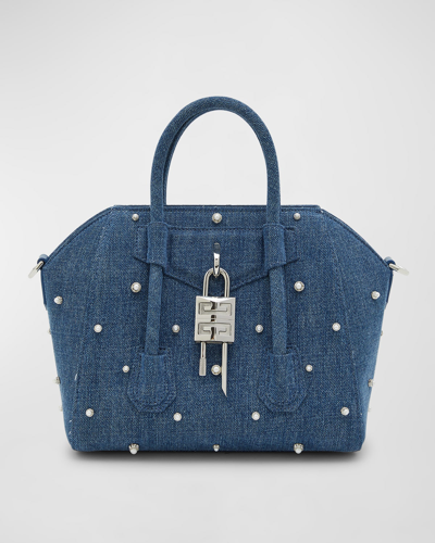 Shop Givenchy Mini Antigona Lock Top-handle Bag In Pearly Denim In Medium Blue