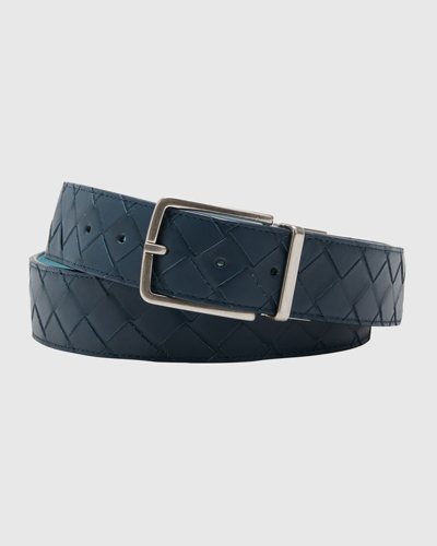 Shop Bottega Veneta Men's Reversible Intrecciato Leather Belt In Deep Blue/pale