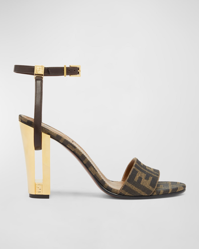 Shop Fendi Delfina Ff Metallic-heel Sandals In F1d1c Tabacco Ner