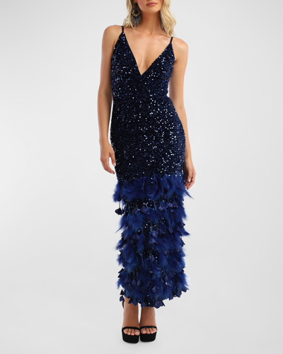 Shop Helsi Julie Sequin Feather-trim Column Gown In Sapphire